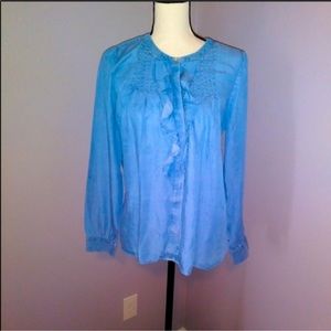 Ann Taylor LOFT blue ruffle button down denim shirt